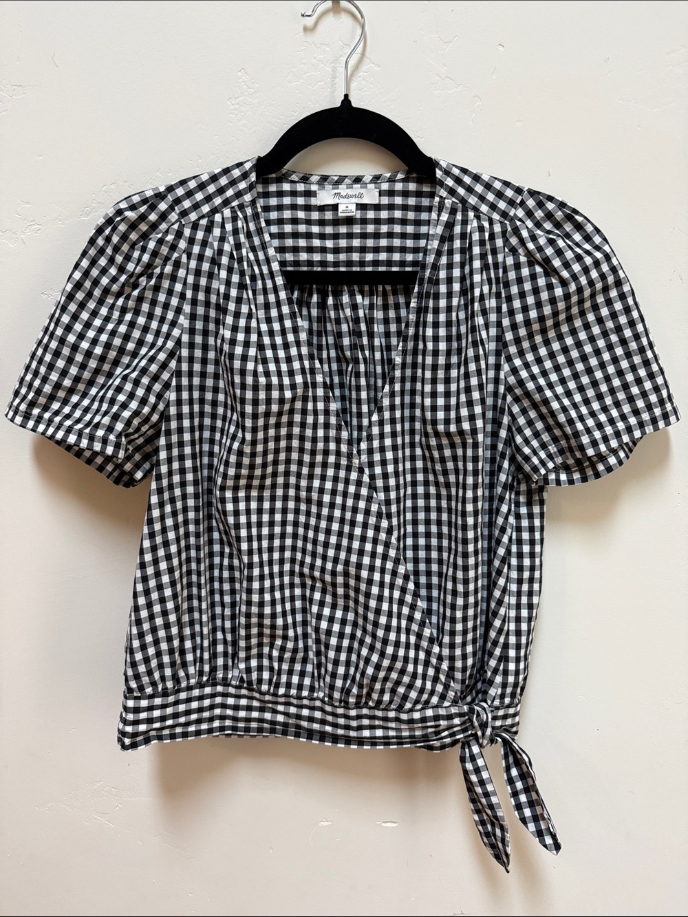 Madewell Black & White Gingham Wrap Tie Short Sleeve Blouse